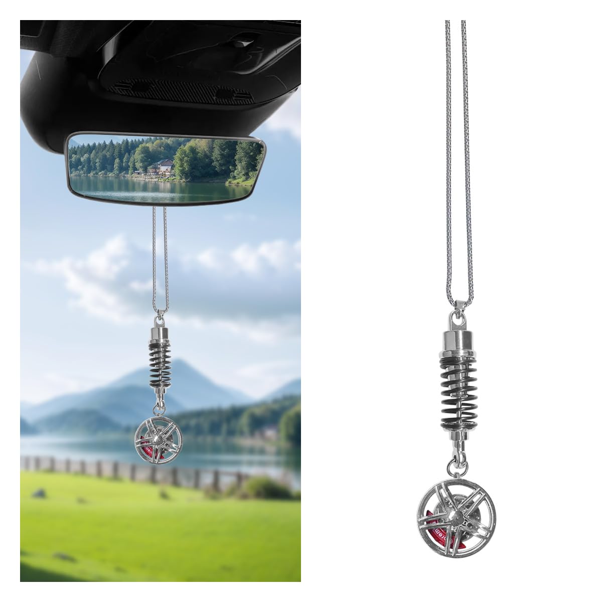 KITUREK Car Wheel Hub Shock Absorber Pendant, Car Rearview Mirror Charm, Auto Interior Decoration Ornament, Rearview Mirror Hanging Accessories, Suitable for Cars, Trucks, SUVs (Silver)