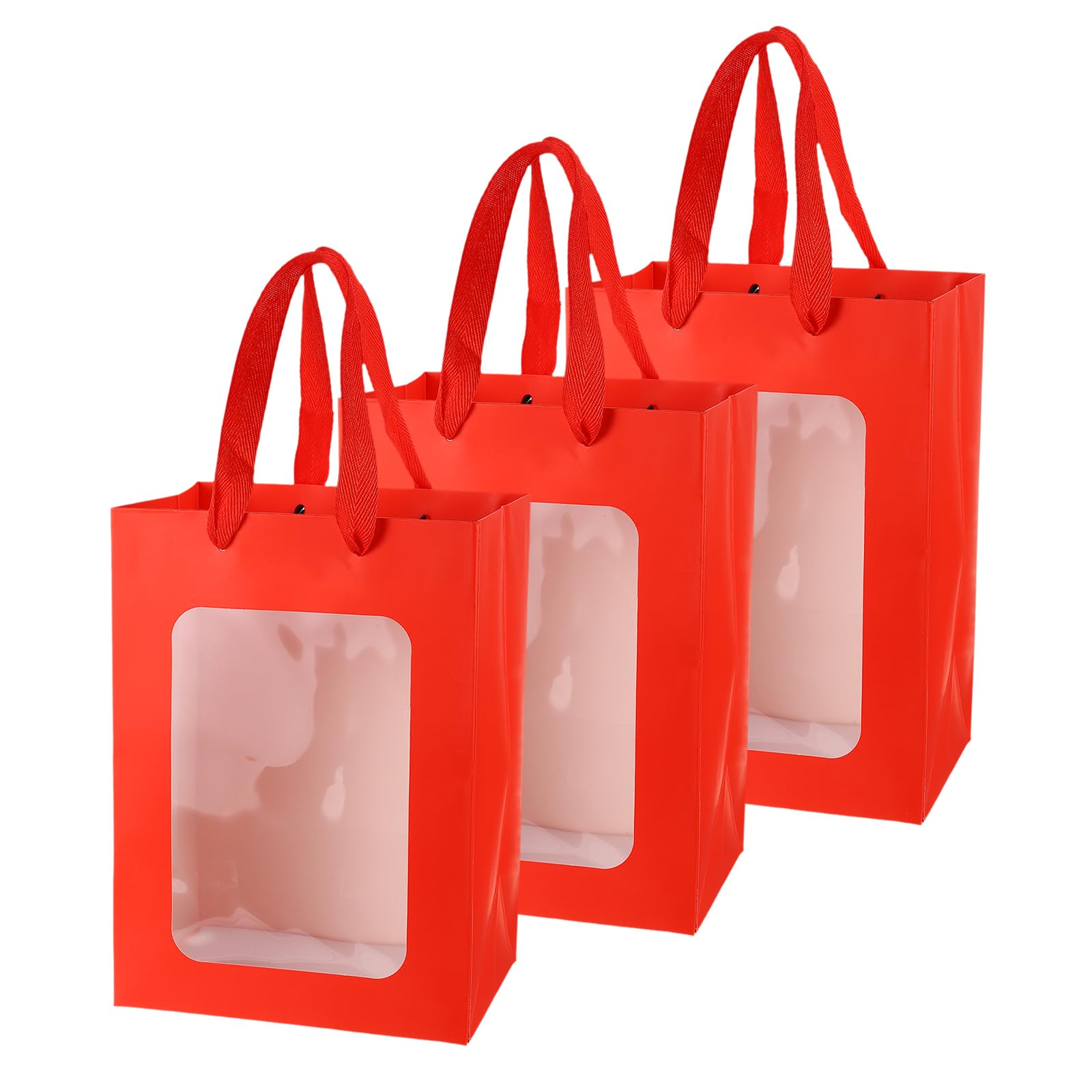 PATIKIL Gift Bags with Clear Window, (18 x 13 x 25cm, Red)(3 Pcs), Small Gift Wrap Bags with Handles, Suit for Wedding/Birthday/Bridesmaid/Party/Shopping