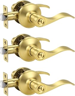 KNOBWELL 3 Pack Door Knob Interior Brushed Gold Door Handle Inside Lever for Bed and Bath, Wave Door Handle Privacy Use