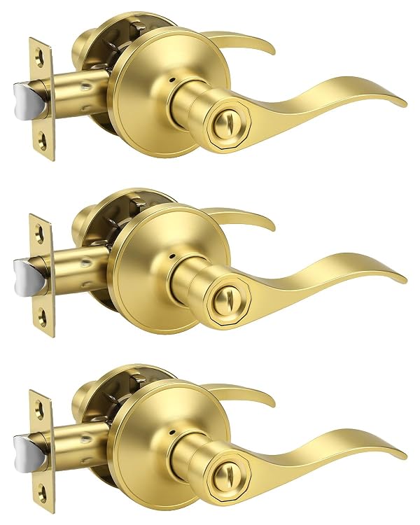 KNOBWELL 3 Pack Door Knob Interior Brushed Gold Door Handle Inside Lever for Bed and Bath, Wave Door Handle Privacy Use by KNOBWELL - Used condition - US$47.32