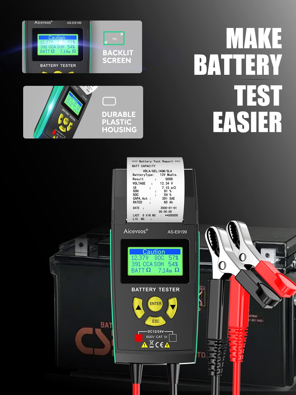 Tester Batteria Auto 12V 24V con Stampante Incorporata, Tester Alternatore 100-2000CCA, Tester Batteria Automotive Tester Carico Batteria Tester Analizzatore Batteria