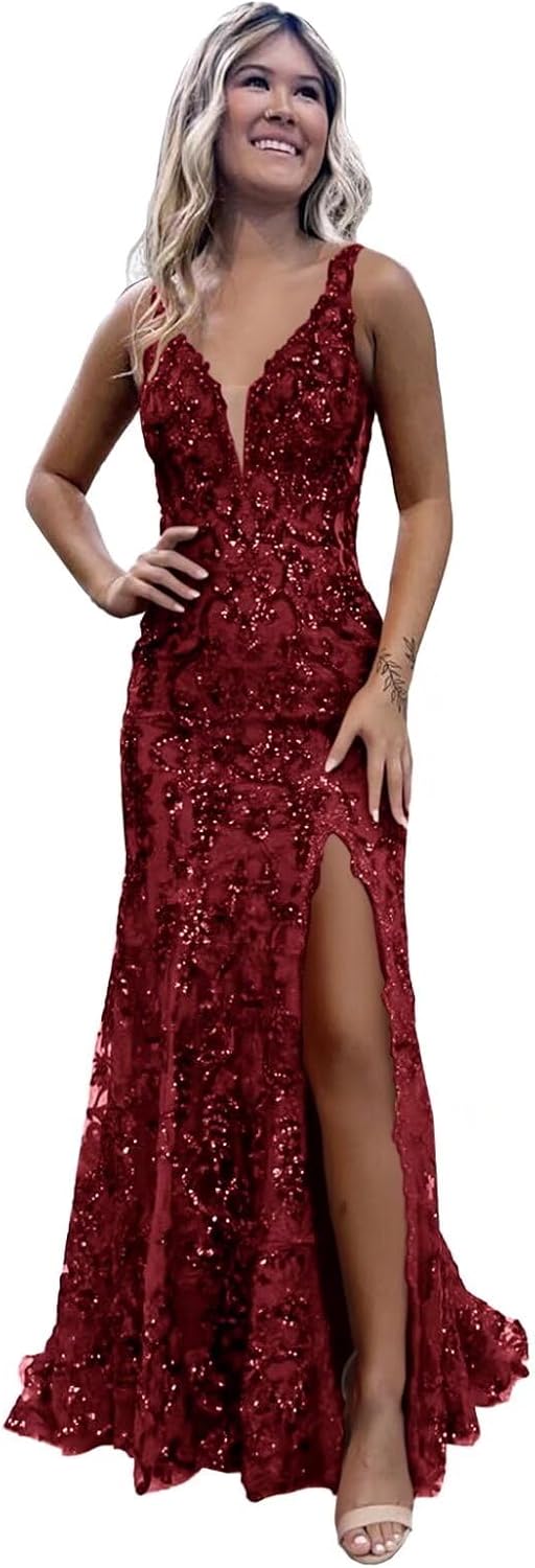 Long Mermaid Sparkly Sequin Prom Dresses V Neck Formal Evening Party Gown for Women