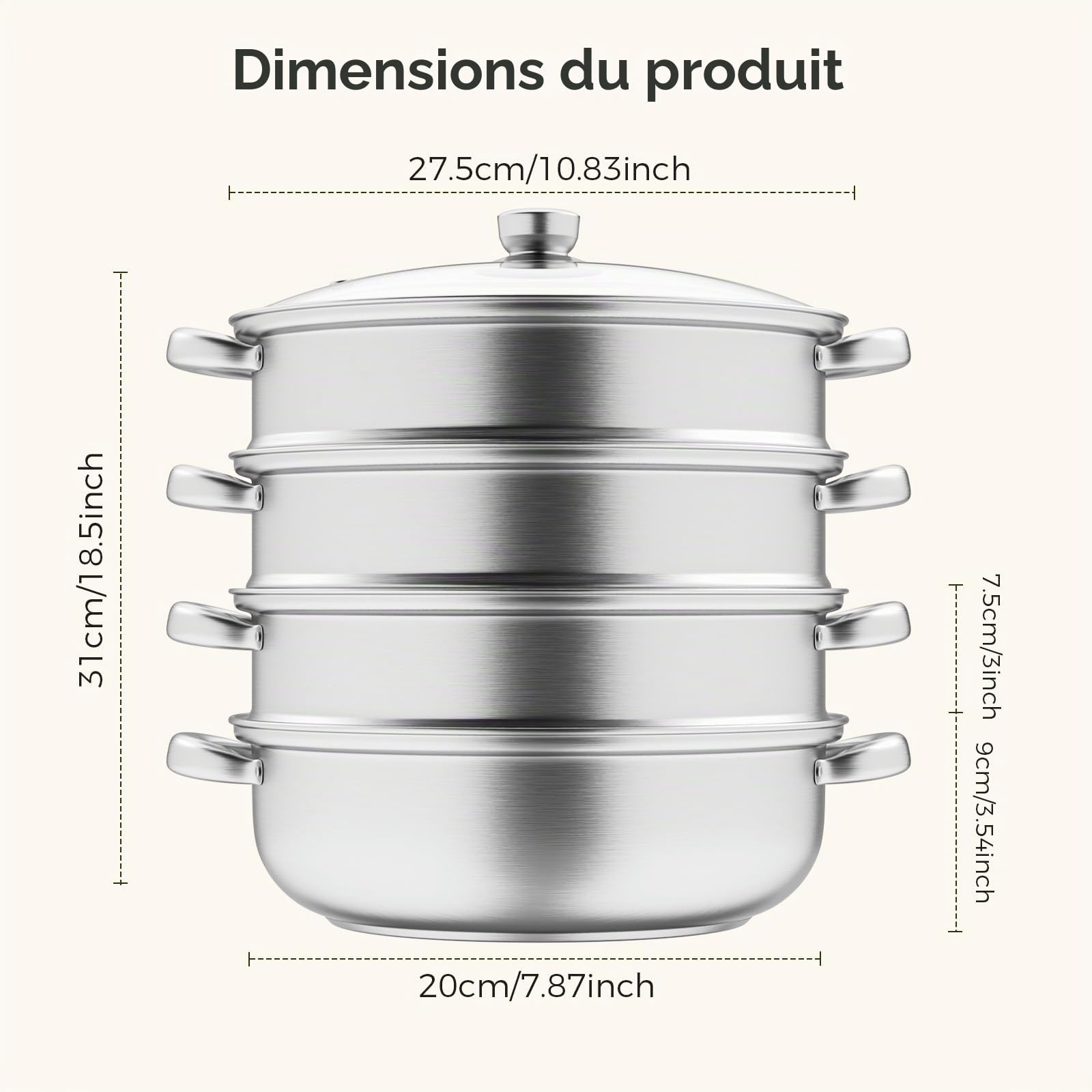 Cuiseur vapeur pour la cuisson – Cuiseur vapeur en acier inoxydable de 28 cm avec insert vapeur, batterie de cuisine 3/4/5 étages avec couvercle pour cuire des légumes, des fruits de mer, des soupes