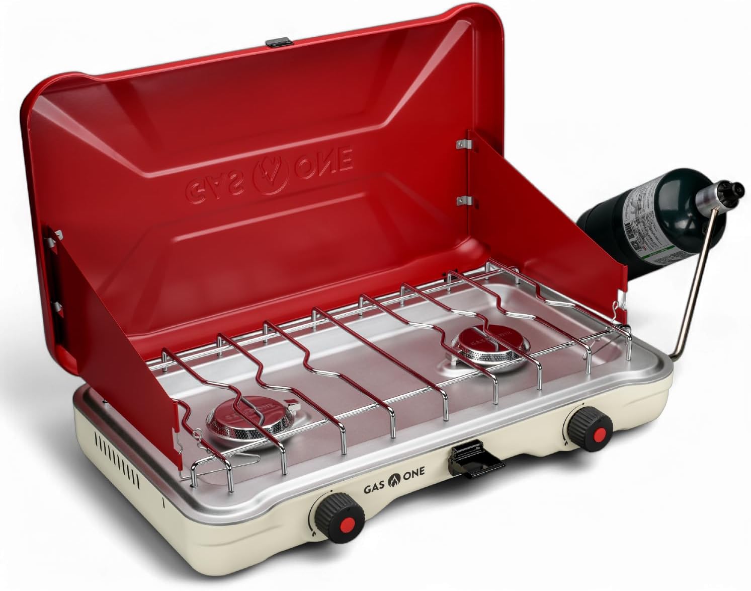 GasOne Portable Camping Stove – Double Propane Stove with Auto Twist Turn Ignition – 22,000 BTU Camping Cooktop with 2 Burners and Wind Guard – Ideal for Tailgating, Fishing, Travel, Red GasOne Portable Camping Stove – Double Propane Stove with Auto Twist Turn Ignition – 22,000 BTU Camping Cooktop with 2 Burners and Wind Guard – Ideal for Tailgating, Fishing, Travel, Red