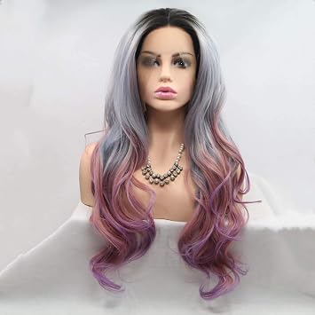 Synthetic Grey Ombre Purple Lace Front Wigs For Women Hair Long Ombre Lace Wig Heat Resistant Fiber With Dark Roots Cosplay Wigs ...