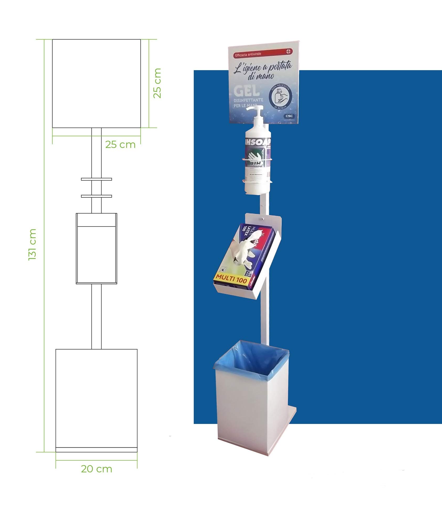 Columna con pedestal 3 en 1 para dispensador de gel desinfectante de manos, soporte para guantes y papelera