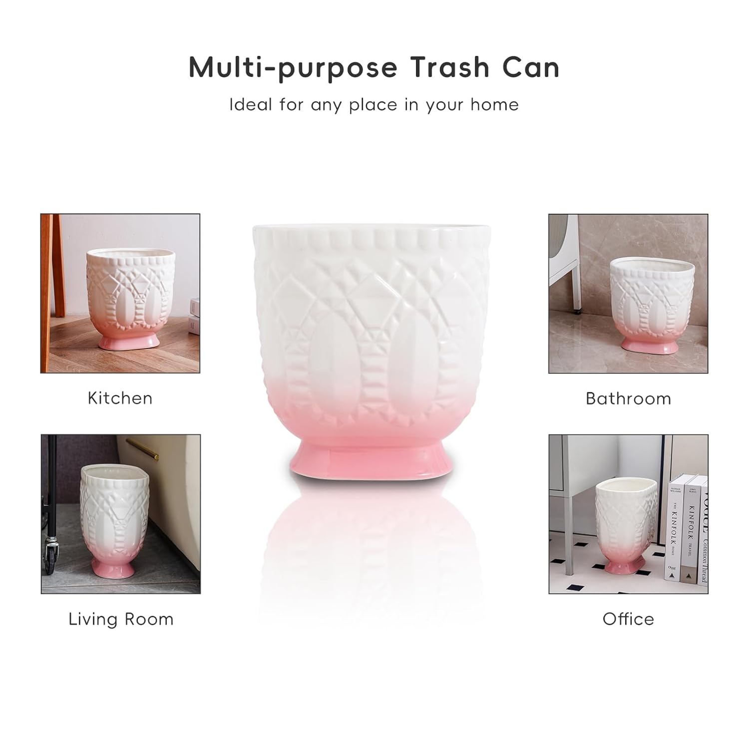 Bathroom Wastebasket - Ceramic Trash Can for Home & Office, Modern Garbage Container Bin for Bathroom, Powder Room Or Living Room, Decorative Bin (Pink)