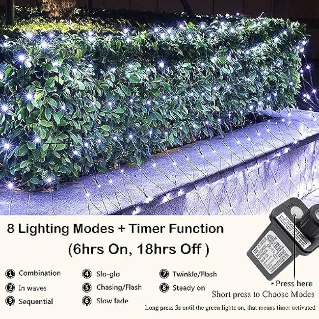 Joomer 12ft x 5ft 360 LED Christmas Net Lights, 8 Modes Bush Mesh Lights Connectable, Timer, Waterproof for Christmas Trees, Bushes, Garden, Outdoor Decorations (Green Wire, White)