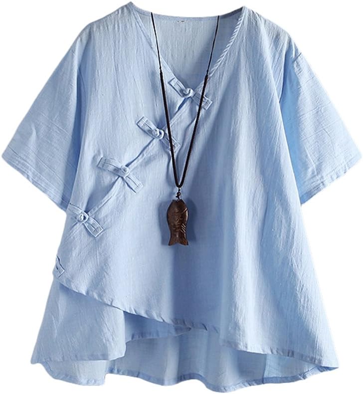 Minibee Women's Linen Retro Chinese Frog Button Tops Blouse