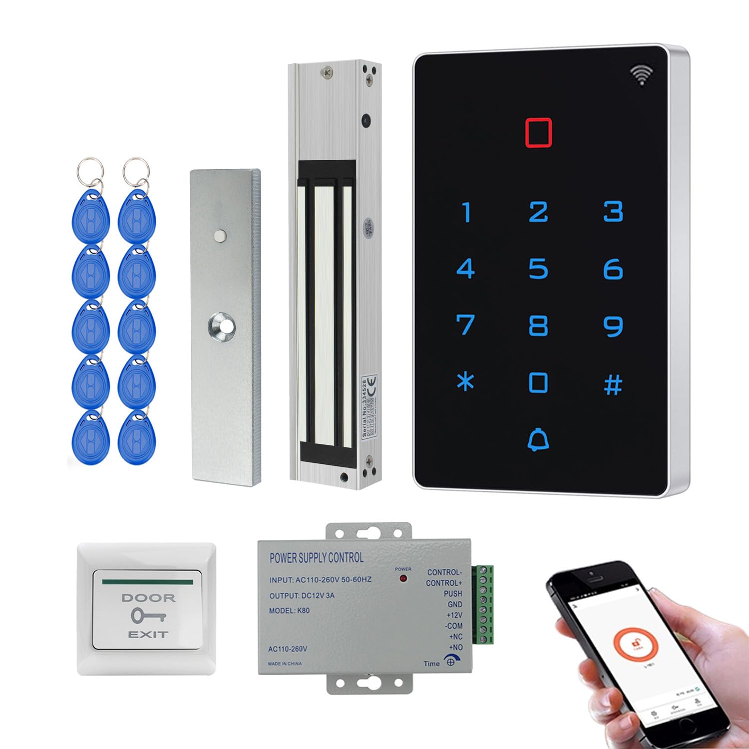 Kit contrôle d’accès WiFi Tuya RFID – Clavier à Code Tactile rétroéclairé IP68, Ventouse électromagnétique 280KG (600LBS) NC Fail Safe, Alimentation DC12V, Bouton de Sortie + 10 Badges RFID 125kHz(9)