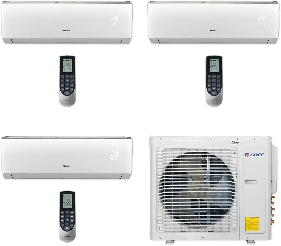 Gree Multi21+ Tri-Zone Mini Split System with three indoor units, three remote controls, and one outdoor unit.