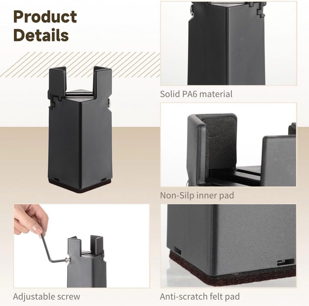 Furniture Risers Heavy Duty, 4 Pcs Bed Risers 4-Inch Adjustable with Screw Clamps, Risers for Sofa Couch Desk Chair Tables, Fit 0.87-1.65 Furniture Legs