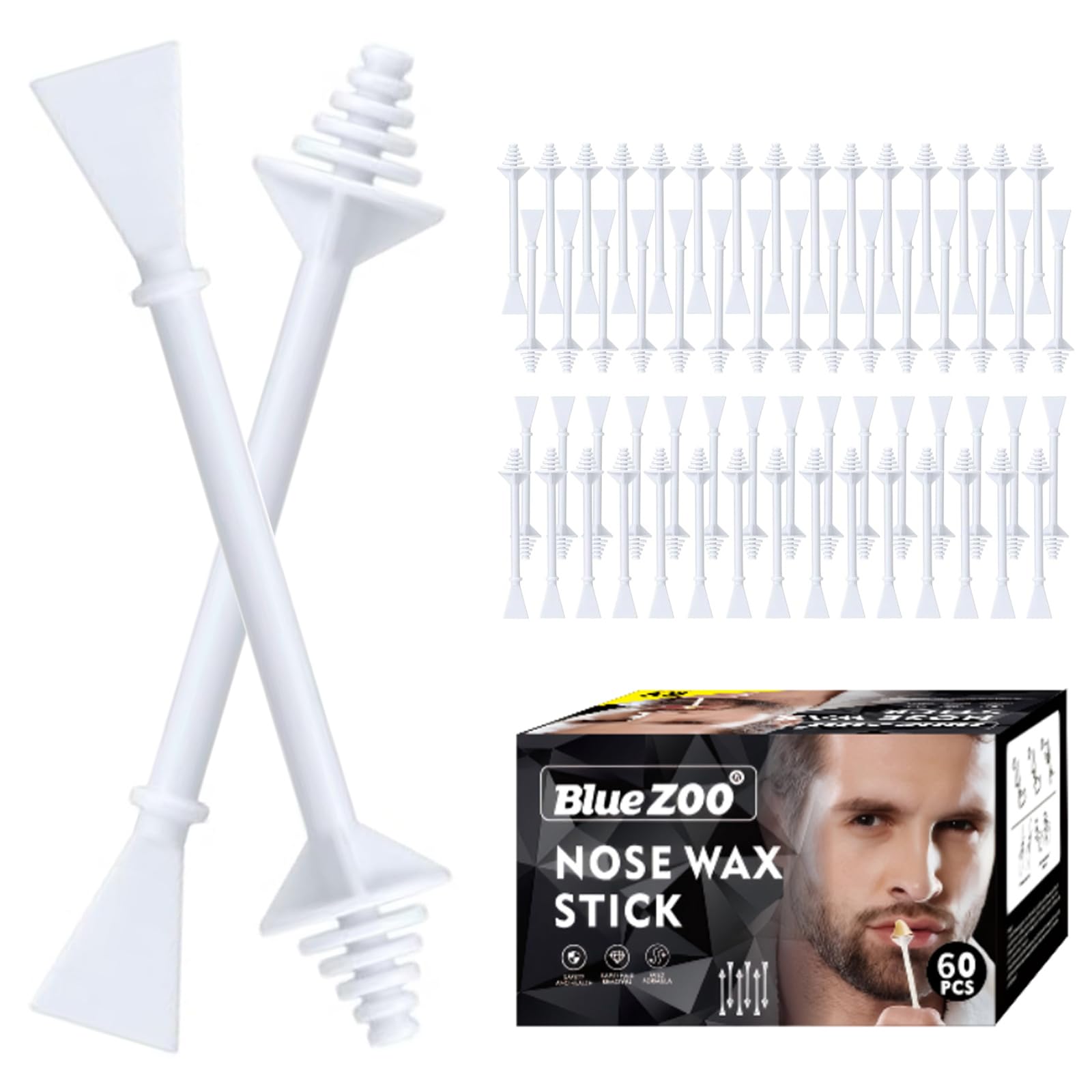 BlueZOO Nose Wax Sticks 2-IN-1 60Pcs Waxing Applicator Disposable Spatulas