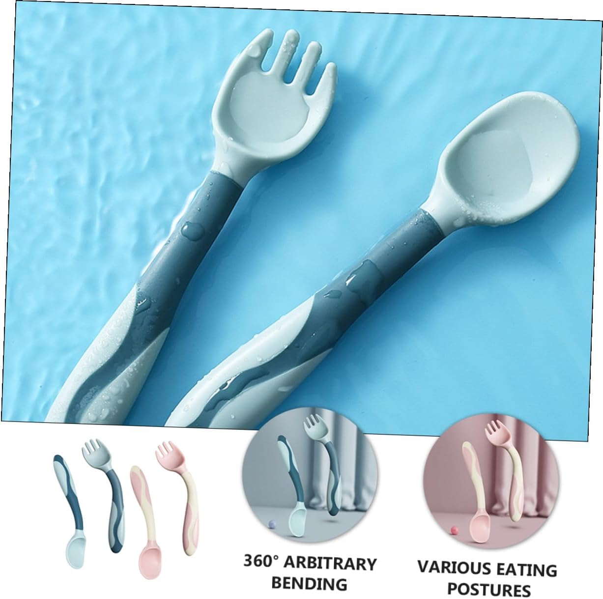 2 Sets Utensils Silicone Training Spoons and Forks with Flexible Bendable Design Non-slip Handle for Self-feeding Pink and Blue