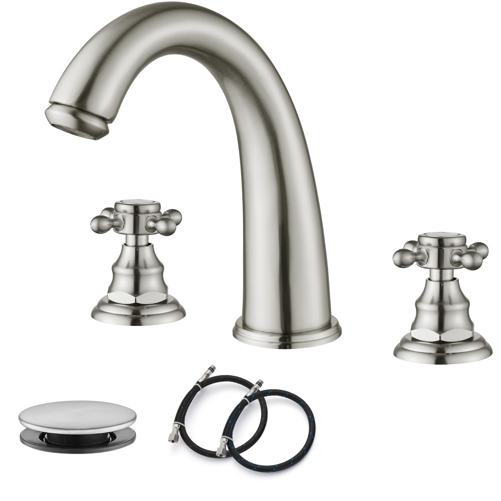 Rubinetto Per Lavabo Bagno A 3 Fori - 2 Maniglie, Beccuccio Alto, Scarico Pop-Up, Acciaio Inox, Nichel Spazzolato, Facile Installazione
