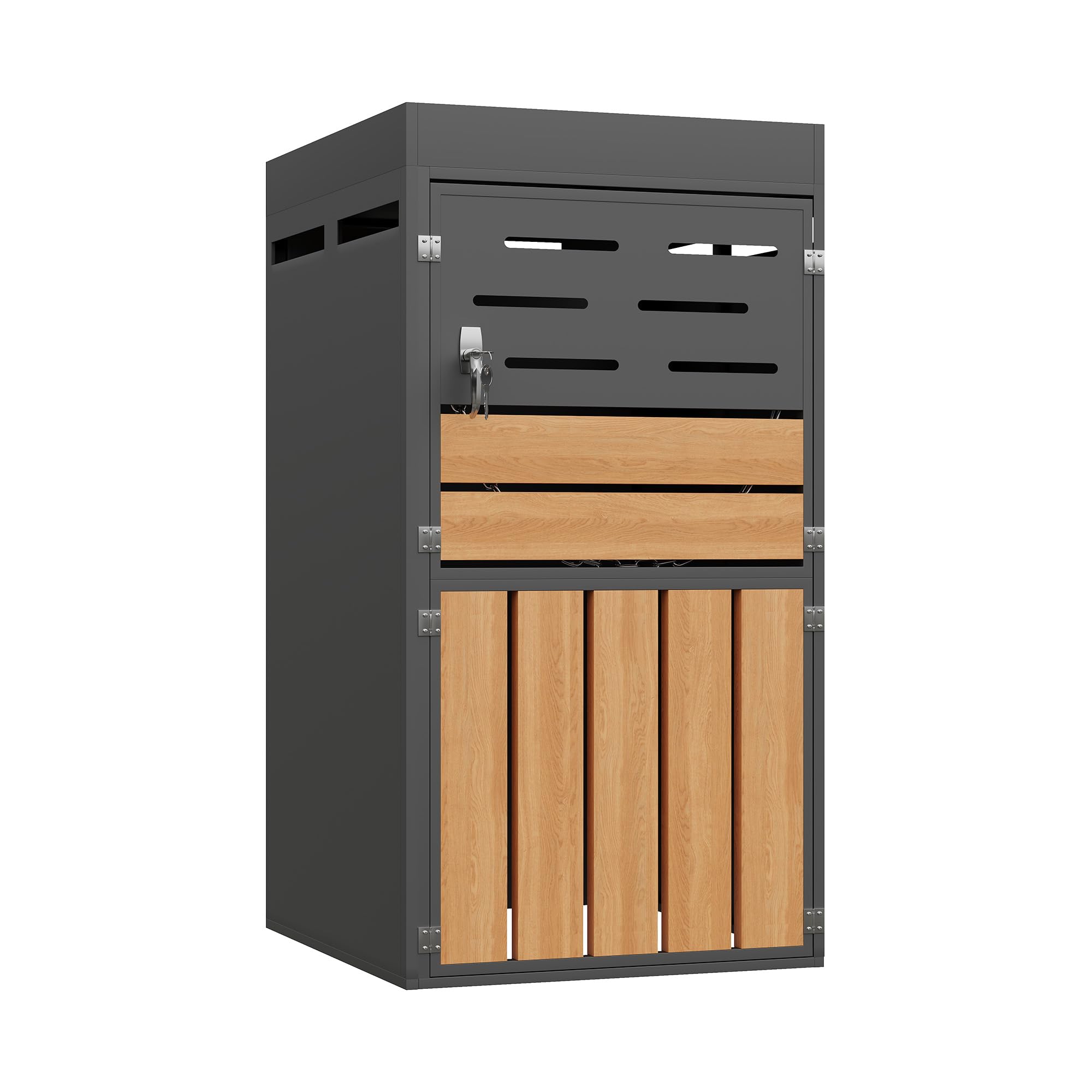 REXO Armario exterior multifuncional, jardinera integrada, rejilla de ventilación, marco de acero galvanizado, puertas con cerradura, cadena de seguridad, para almacenamiento y decoración de jardín
