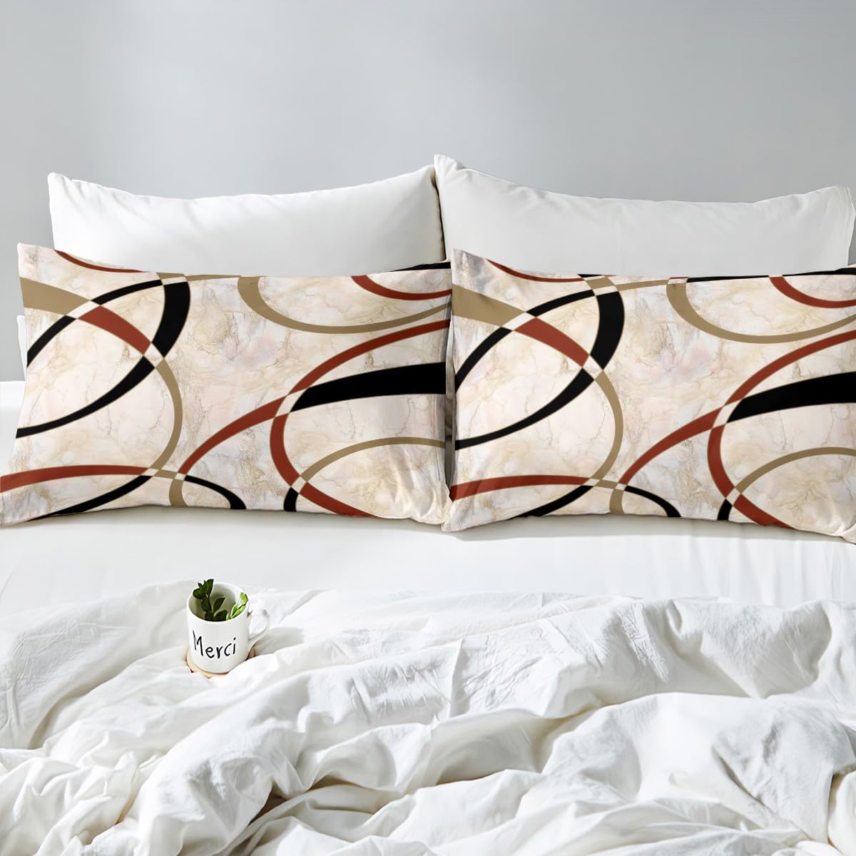 Juego de sábanas de arte abstracto de mármol marrón, juego de sábanas geométricas circulares geométricas con bolsillo profundo, juego de cama moderno de microfibra tamaño King