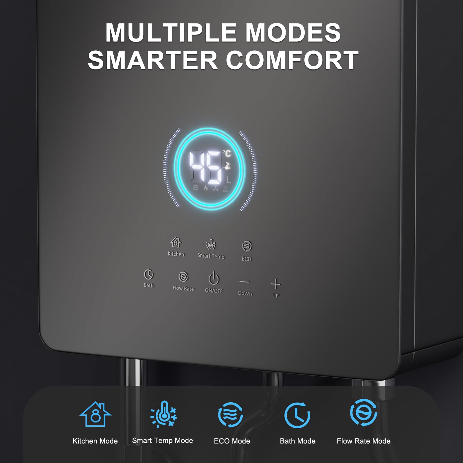 BreeRainz 16 LPM Calentador de Agua Gas,32 kW Calentador de Agua Butano Propano con 5 Modos, Botones de Pantalla Táctil LED, Toma de 220 V, Funcionamiento con Butano y Propano