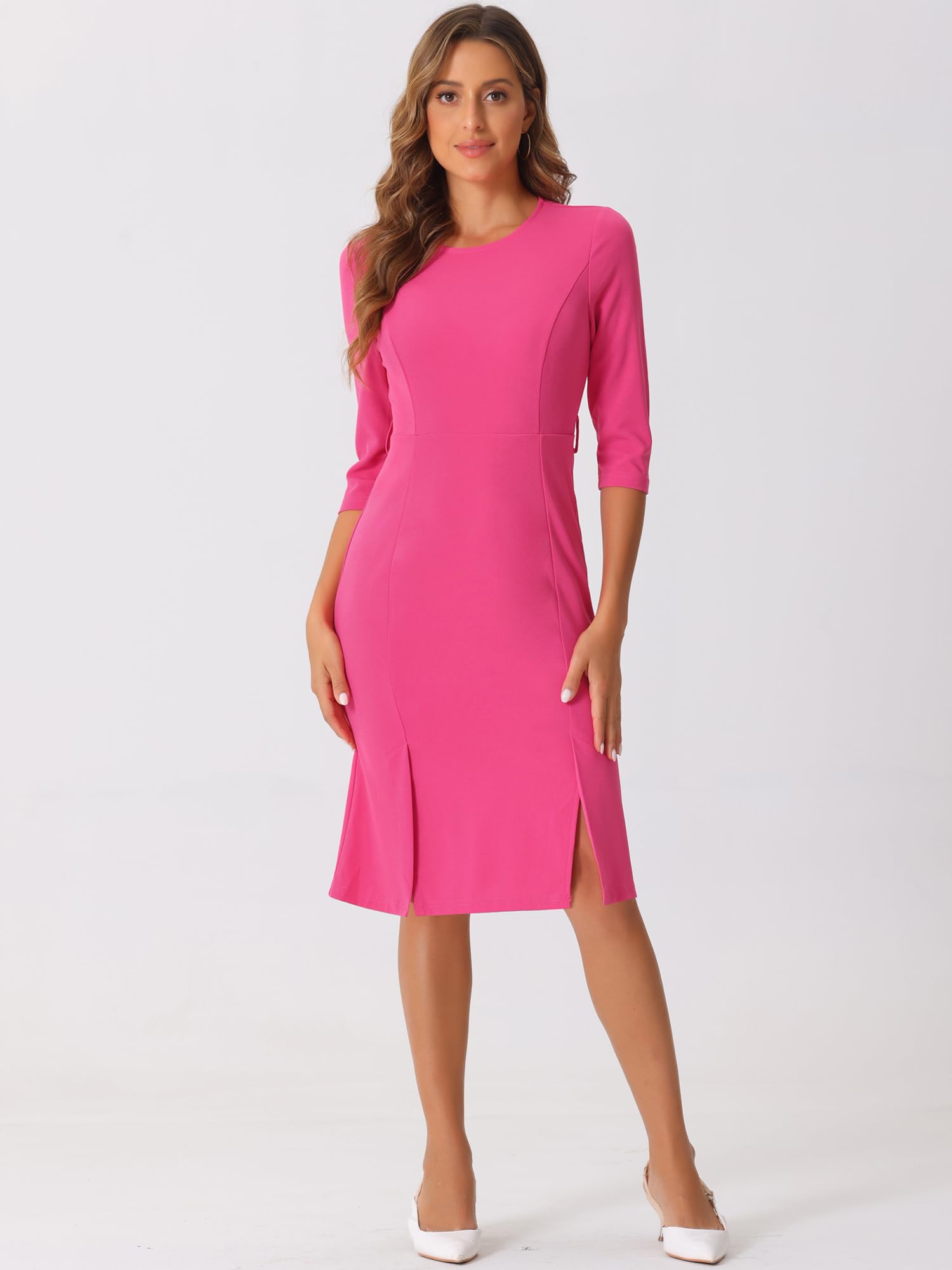 Allegra K Elegante Vestido de Tubo para Mujer, Cuello Redondo, Manga 3/4, Abertura en la Oficina, Vestidos de lápiz con cinturón