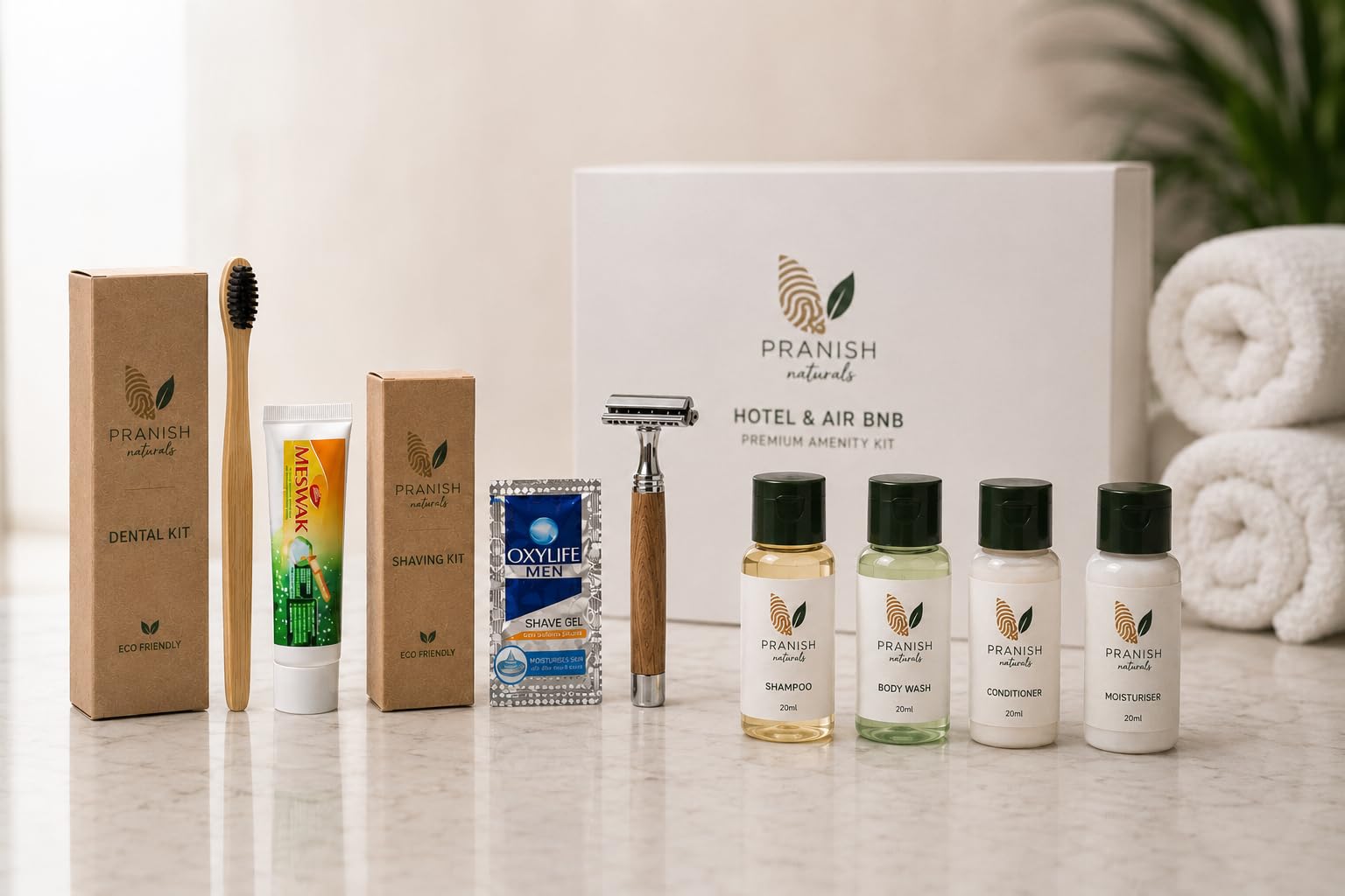 Pranish Naturals Hotel & Air BnB Amenity Kit with Dental & Shaving Kit | Shampoo & Body Wash, Conditioner & Moisturiser, Bamboo Toothbrush, Travel Size 20ml, 9-Piece Set-image-26