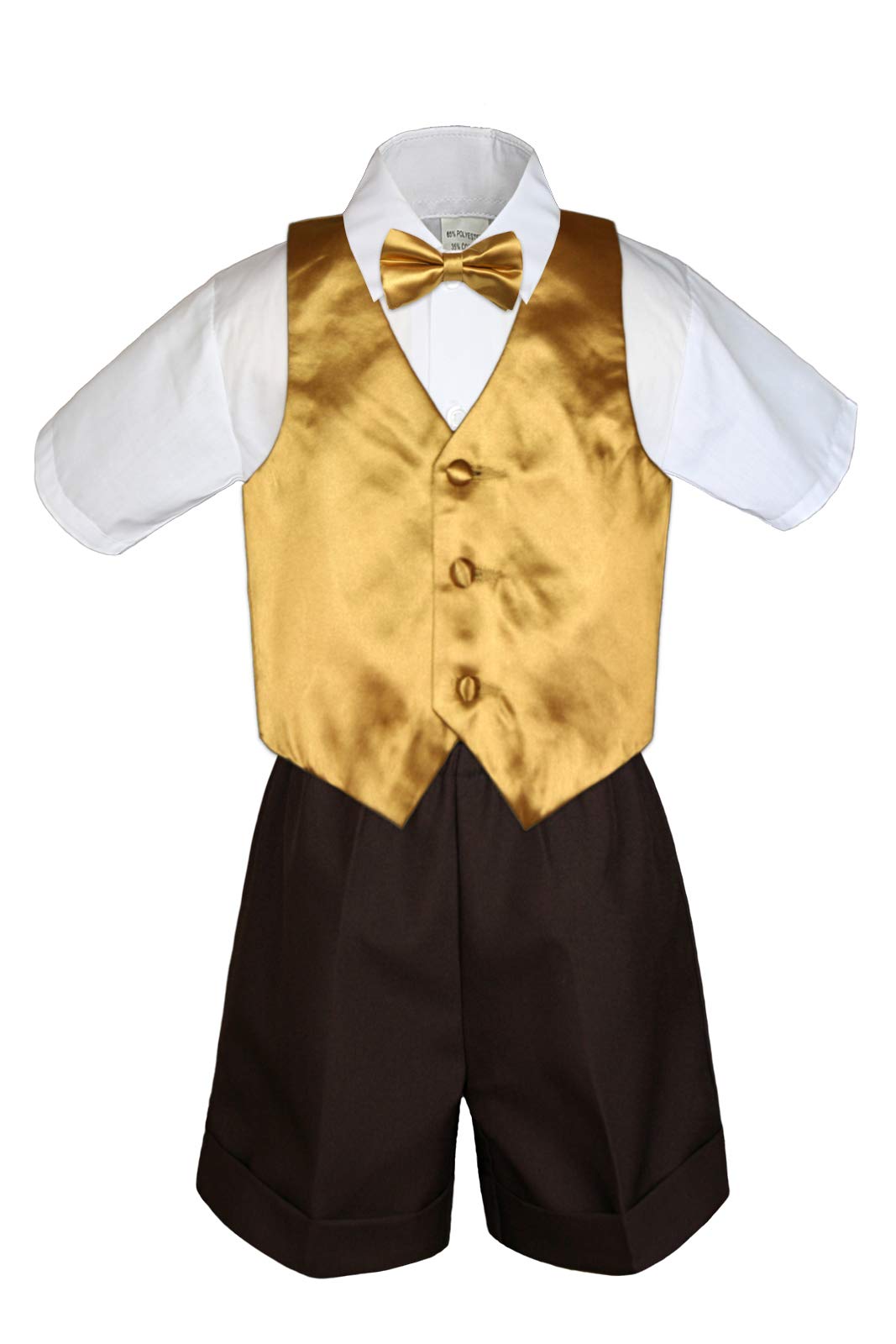 MILLTEX 4 Pieces Set Formal Party Wedding Color Satin Vest & Bow tie Shirt Brown Shorts Set New Born Baby Boy Toddler Sm-4T (XL (18-24 Months), Gold)