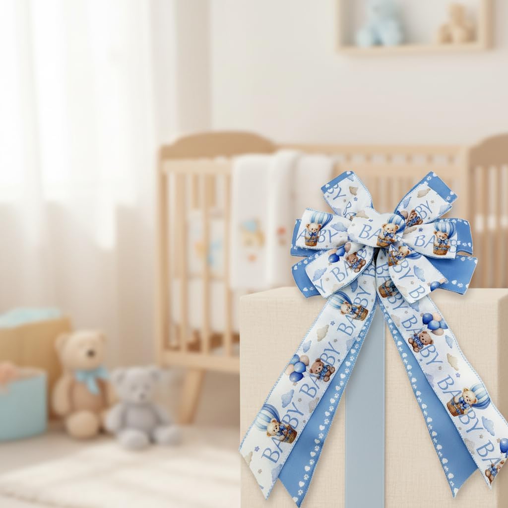 2.5 Inch Baby Shower Ribbon for Boy - Blue and White Bear Paw Decorations Wired Edge Ribbon Craft for Gift Wrapping, Bows, Wreath, Party Decor - Gender Reveal Ribbon for Boxes Bags, 2 Rolls,10 Yard