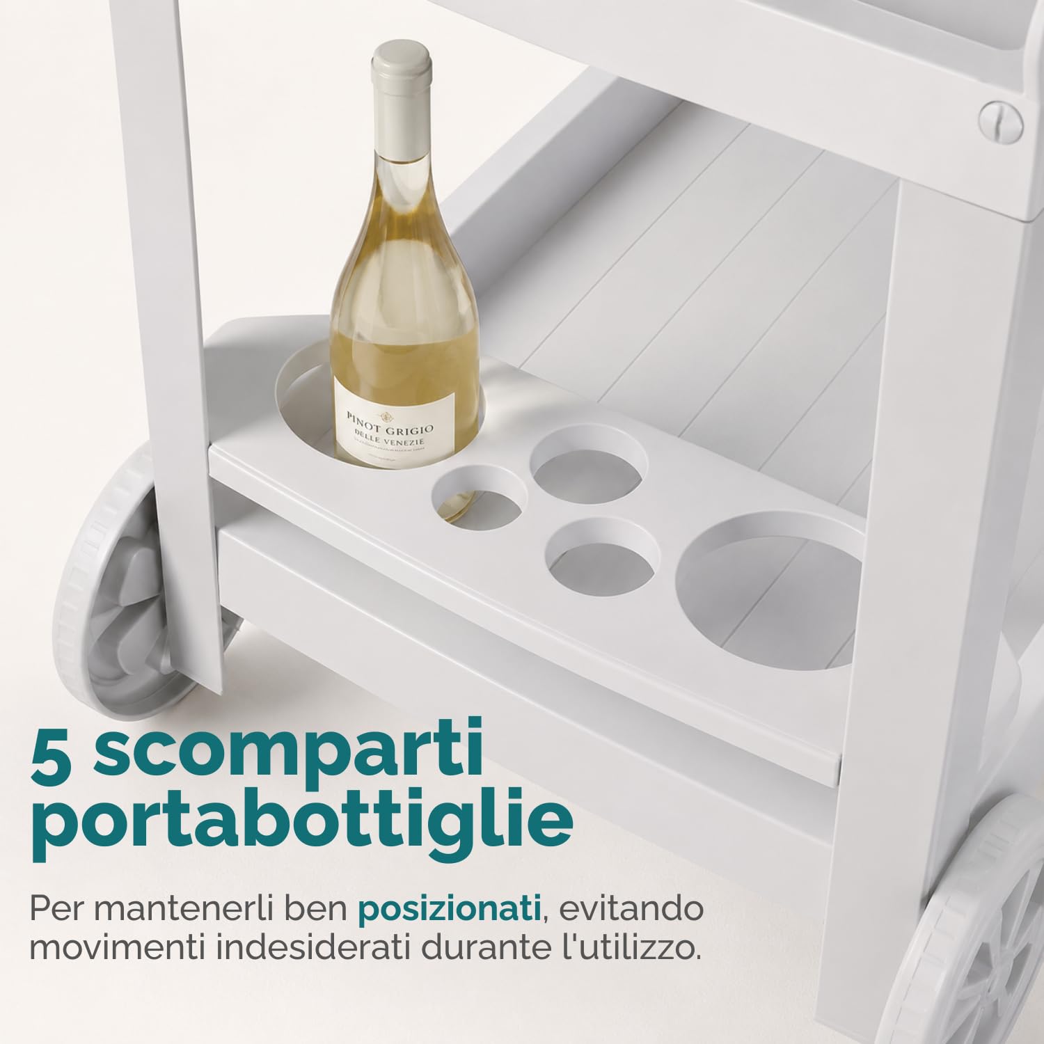 PALUPLUS Carrello Portavivande Esterno Bianco 53x74x73 cm 2 Ripiani Portabottiglie 5 Posti Made Italy