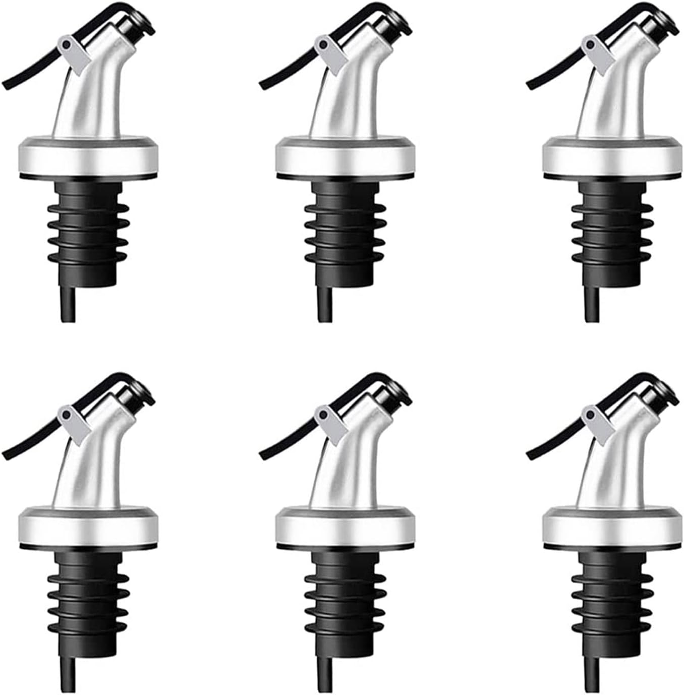 Set Of 5 Stainless Steel Pourer Corks With Caps - For Liquor, Oil, Vinegar & Wine Bottles