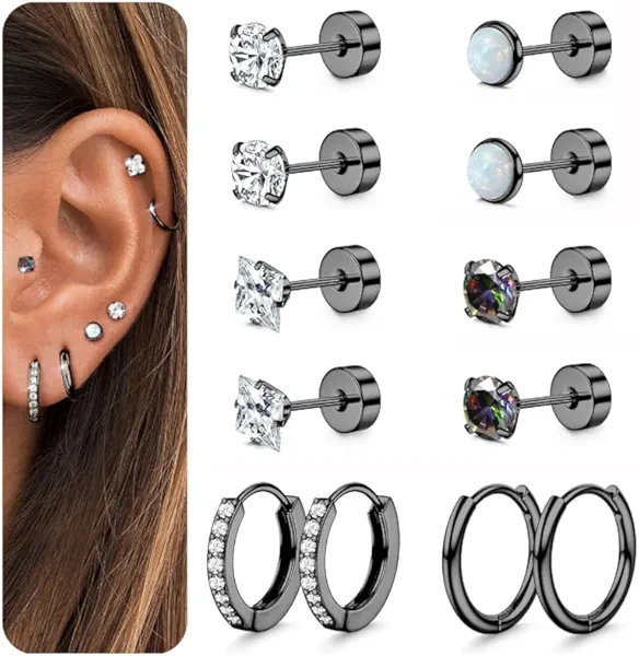 Florideco Hypoallergenic Surgical Steel Earrings 20G Flat Back Earrings for Women Trendy Cartilage Earring Stacks Small Stainless Steel Earring Sets for Multiple Piercing