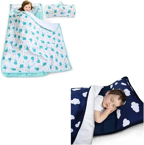 Tapete para siesta para niños y niñas, estampado de nube y ballena azul, ligero para niños con almohada y manta de forro polar para guardería