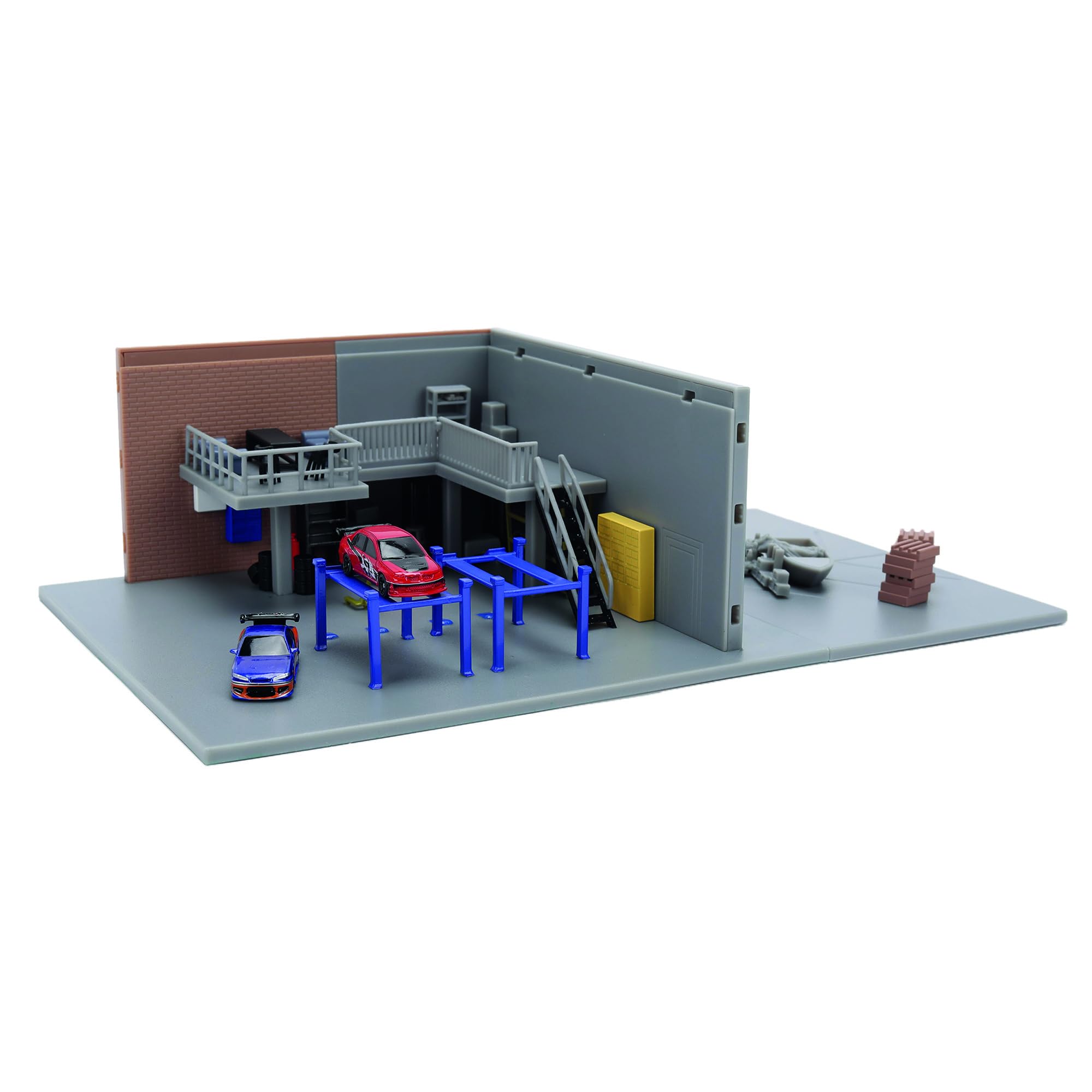 Jada, Fast & Furious Nano Escenario Garaje de Han, Set de rodaje a Escala 4 cm, Incluye 2 Coches con carrocería de Metal Ruedas Libres y Goma, muros Desmontables, +8 años (9336403314R00)