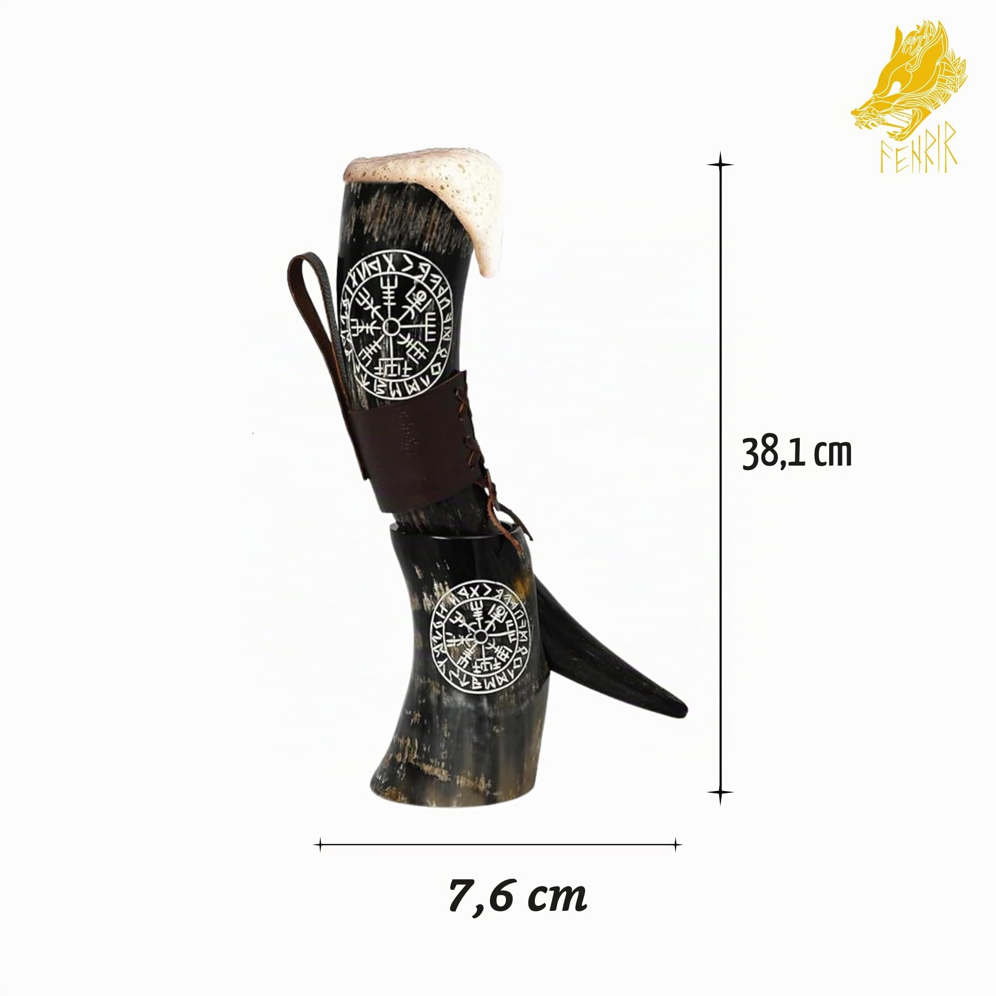 Cuerno vikingo – 100 auténticos 453,6 g con soporte de cuero marrón, funda, abridor de vino, para hidromiel, cerveza, regalo para hombres y mujeres, cuerno de Ale Horn hecho a mano, natural, pulido