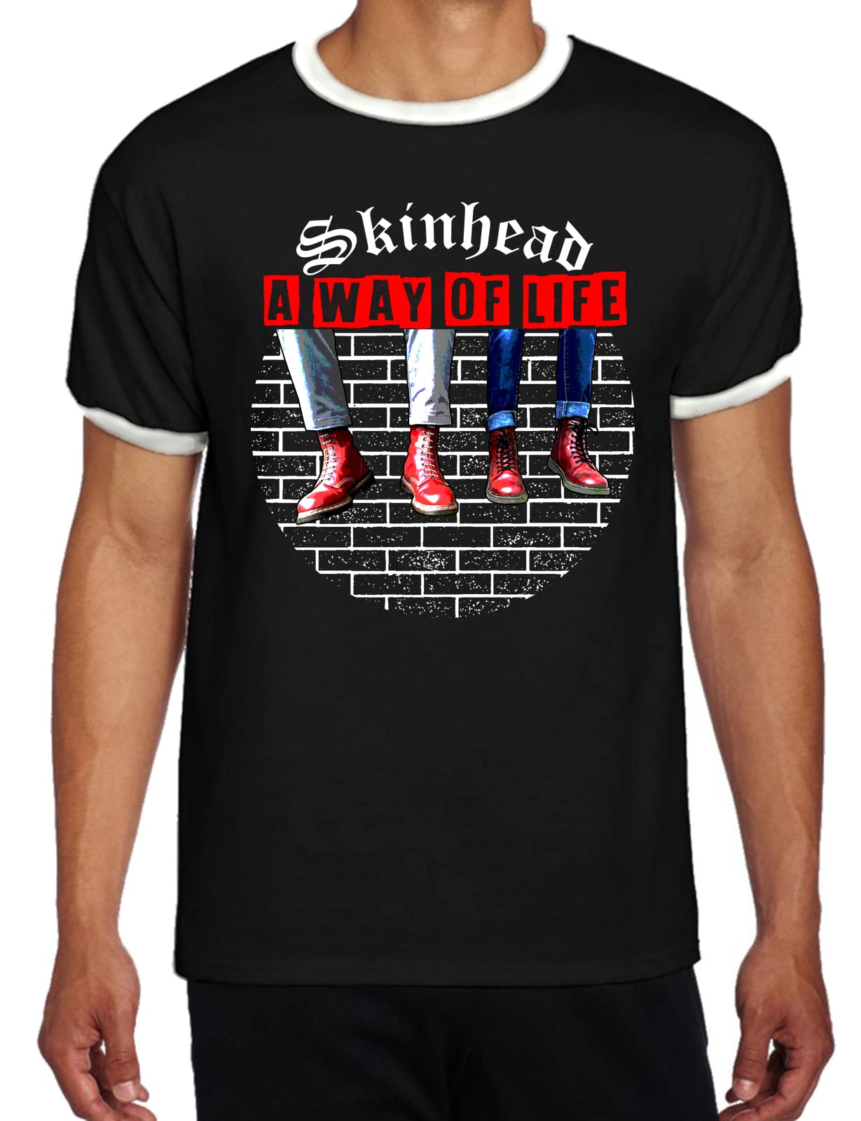 Tribal T-Shirts Skinhead A Way of Life Boots Oi Punk Men's Contrast Ringer T Shirt (XXL, Black)