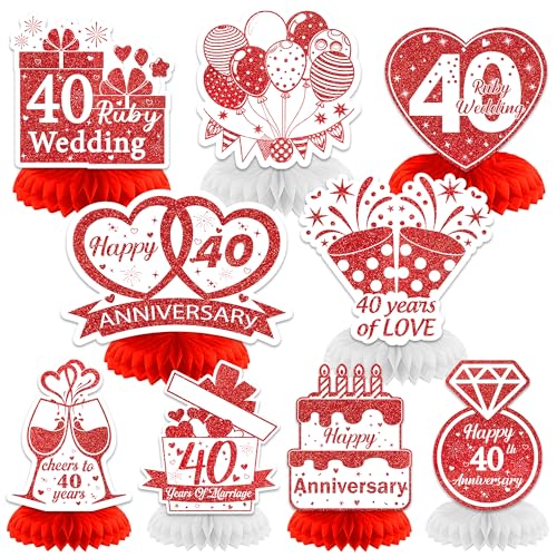 40th Wedding Anniversary Table Decorations - 9 Pieces Ruby Wedding Honeycomb Centrepiece for 40 Years of Love Party Red Heart Cake Ring Champagne Honeycomb Decor for Couples Happy Anniversary