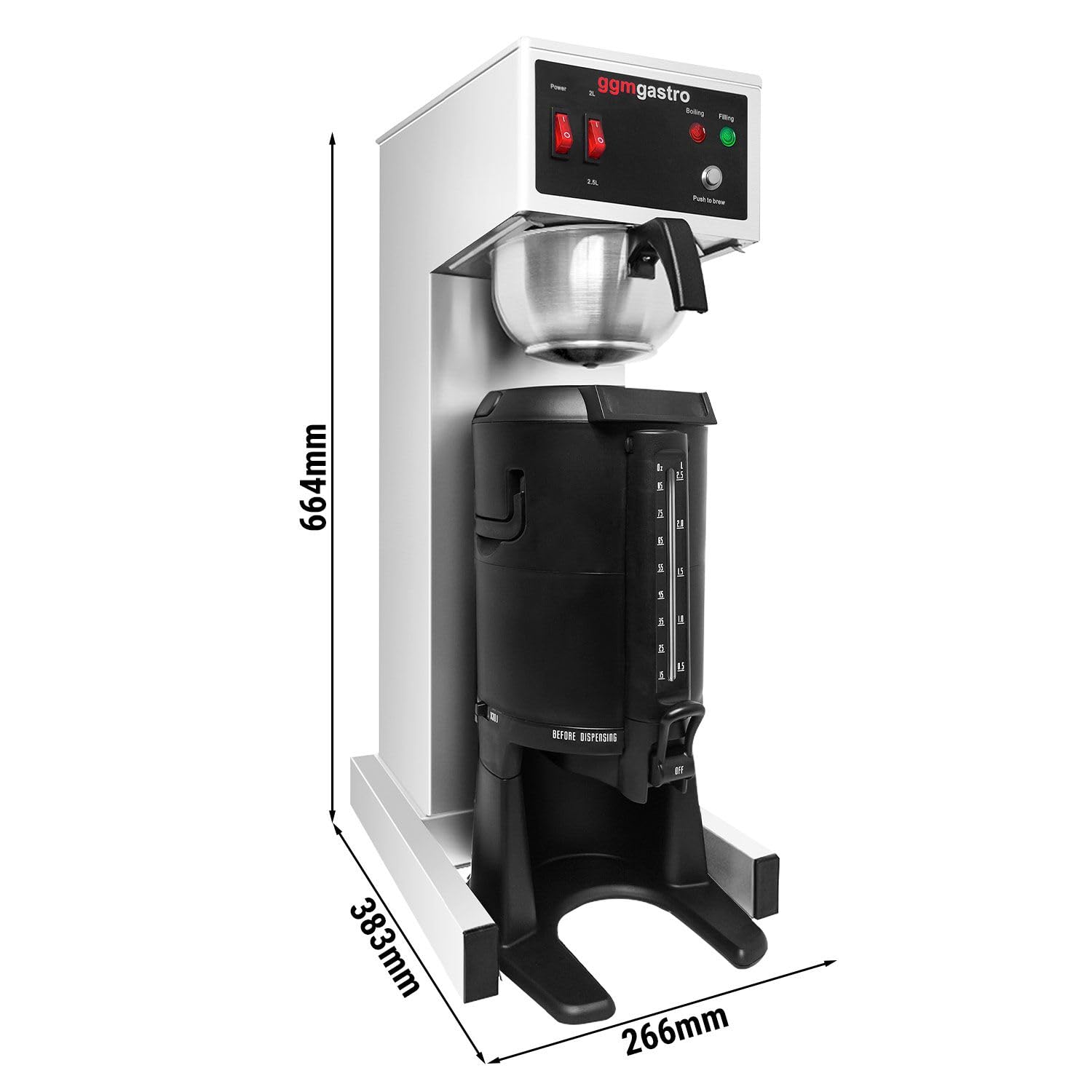 GGM Gastro Filterkaffeemaschine 2,5 L mit Wasseranschluss | Automatischer Festwasseranschluss, hohe Stundenleistung für Gastronomie, Edelstahlgehäuse, zeiteffiziente Reinigung
