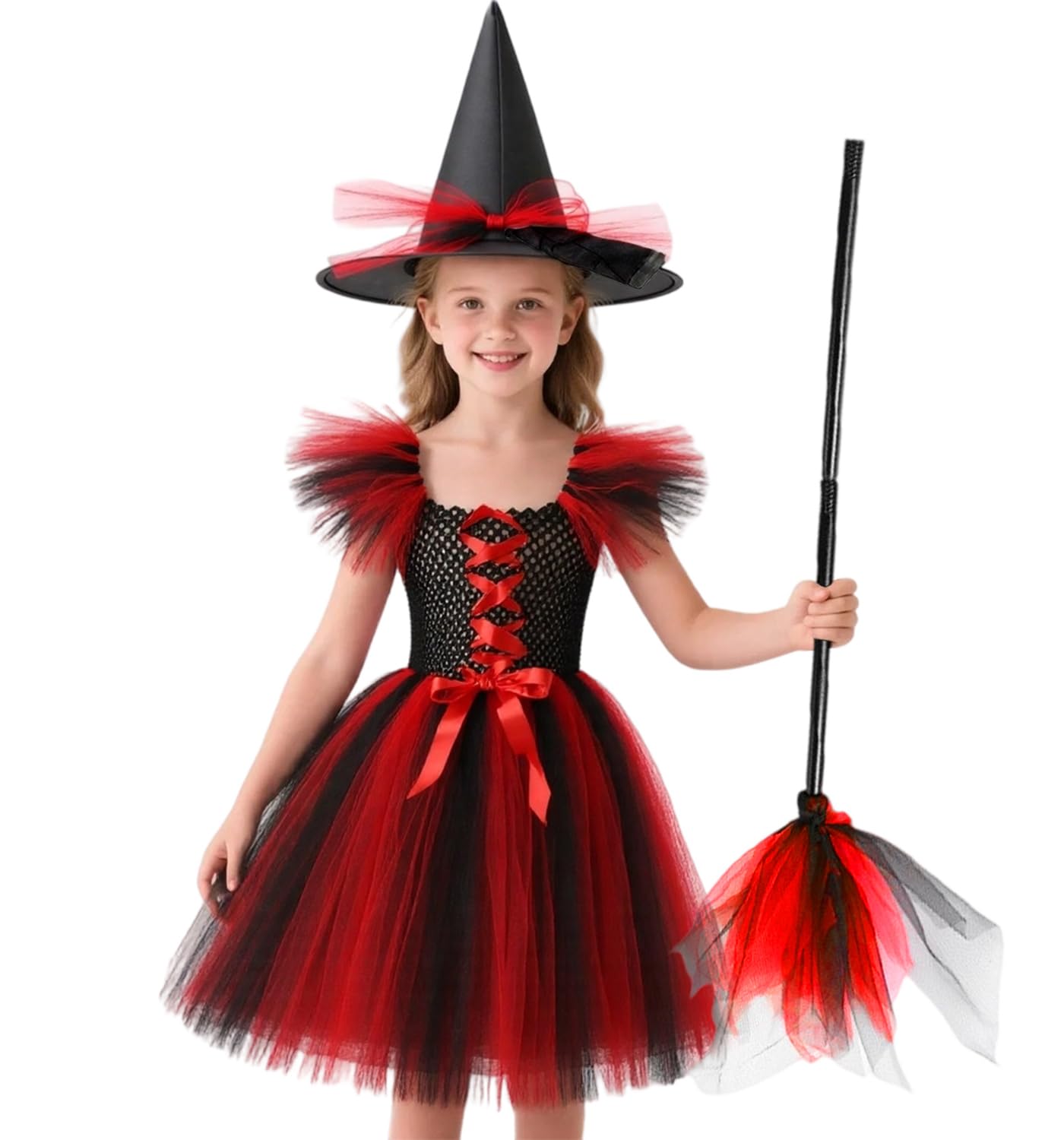 HarnyLoom Witch Costume Kids Girl Witches Dress Princess Outfit Scary Purple Hat Brooms Party Cosplay Carnival Fancy Dress (Red