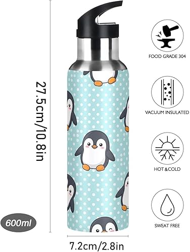 Miniatura 9 de Stainless Steel Vacuum Insulated Water Bottle 20 Oz, BPA-Free Sports Water Bottle for Gym Outdoor Travel School, Cute Cartoon Penguins Blue
