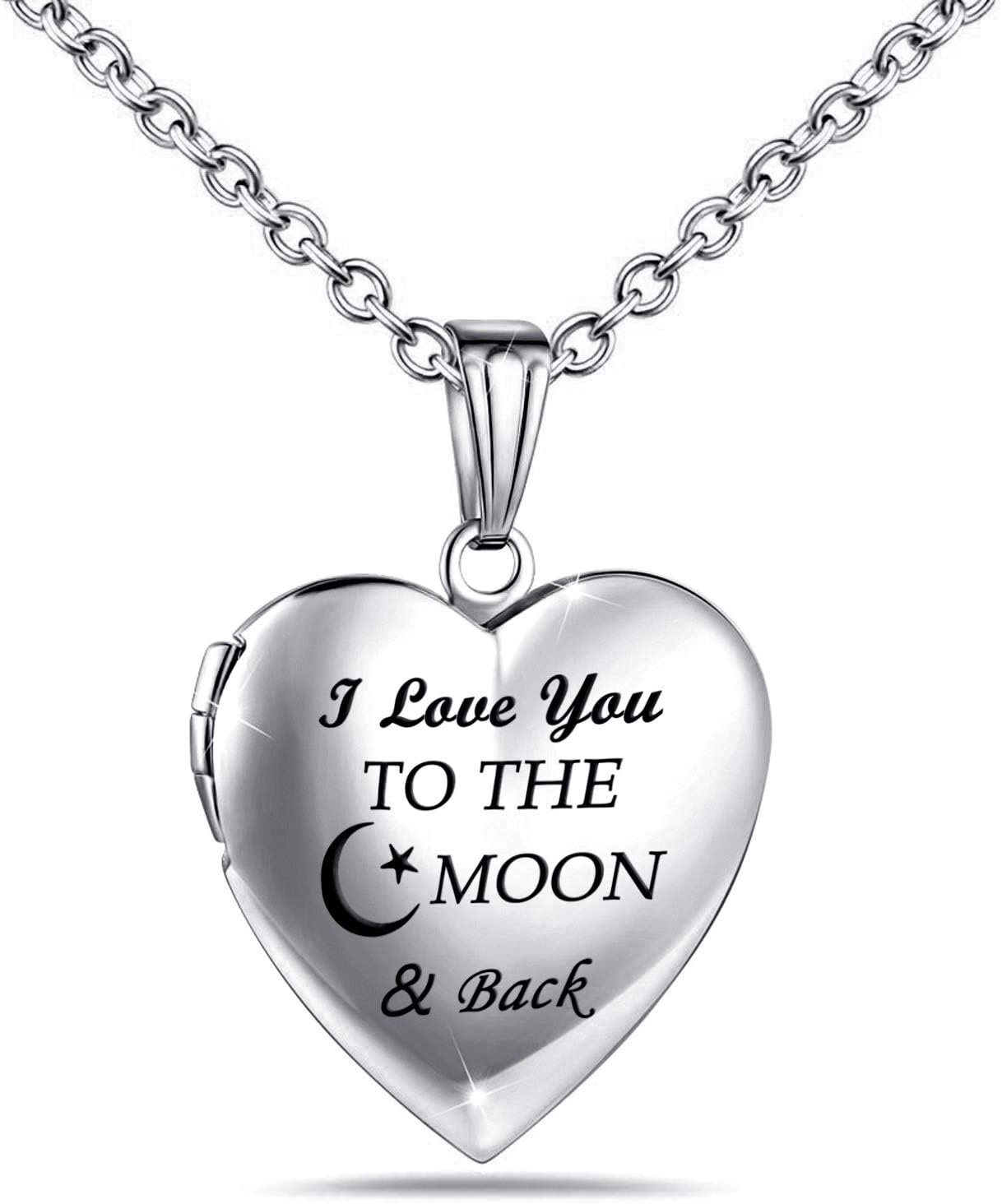 Love Heart Locket Necklace That Holds Pictures I Love You to The Moon and Back Engraved Photo Locket for Woman Jewellery