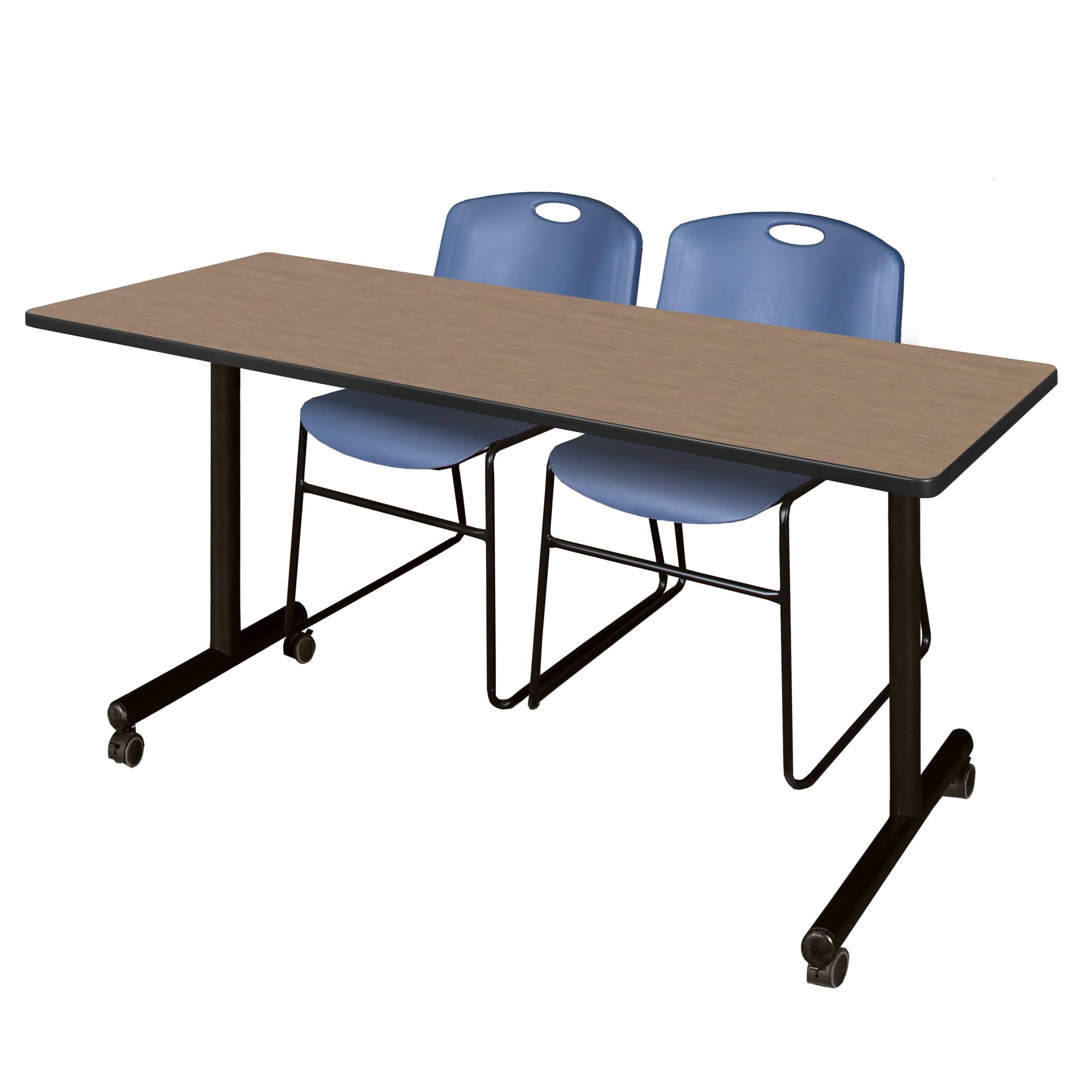 Regency Kobe 60 x 24 in. Mobile T-Base Training Table- Noble Oak, 2 Zeng Stack Chairs- Blue