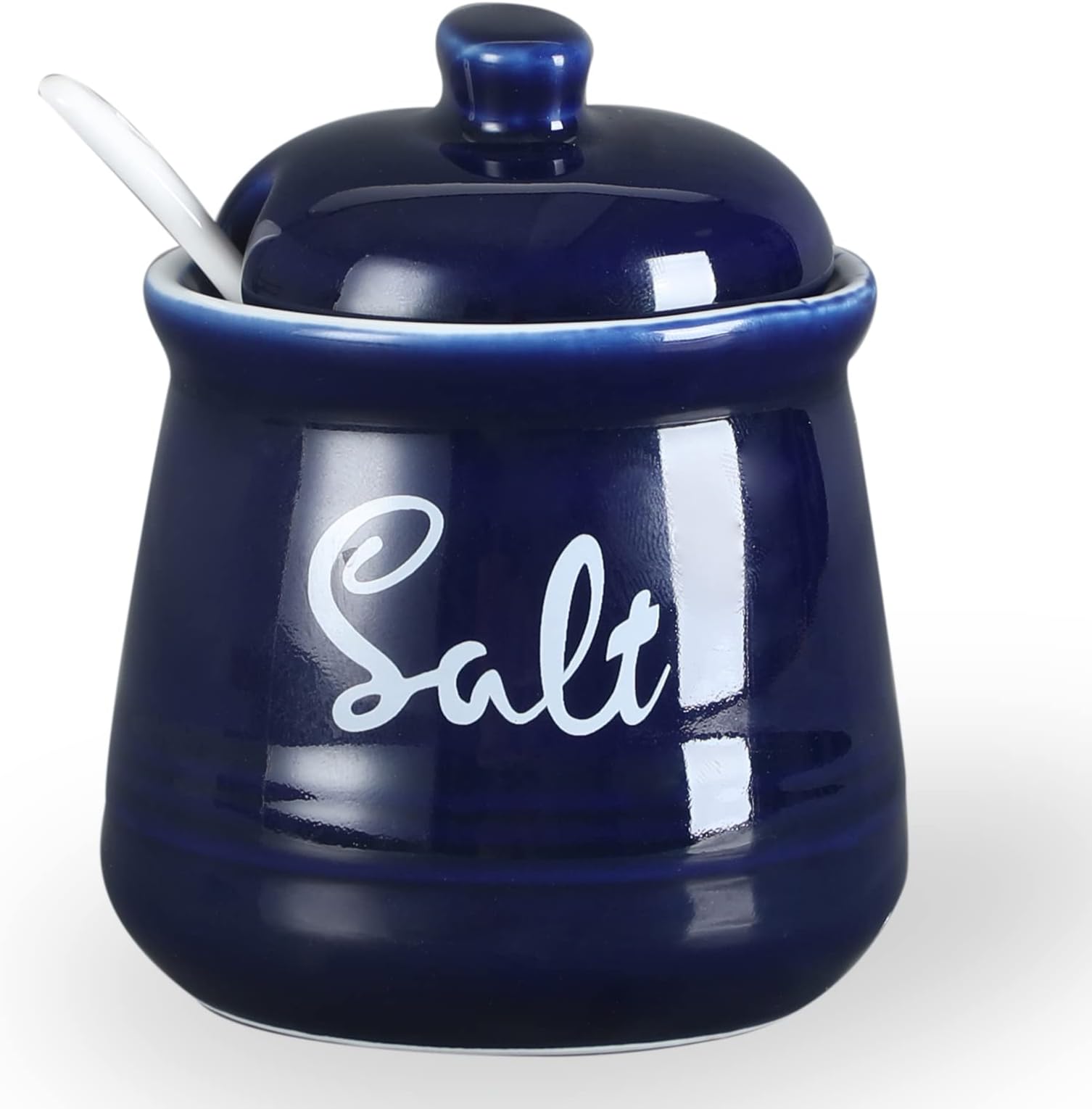 HAOTOP Farmhouse Porcelain Salt Bowl with Lid and Spoon 12oz ,Easy to Clean (Navy)
