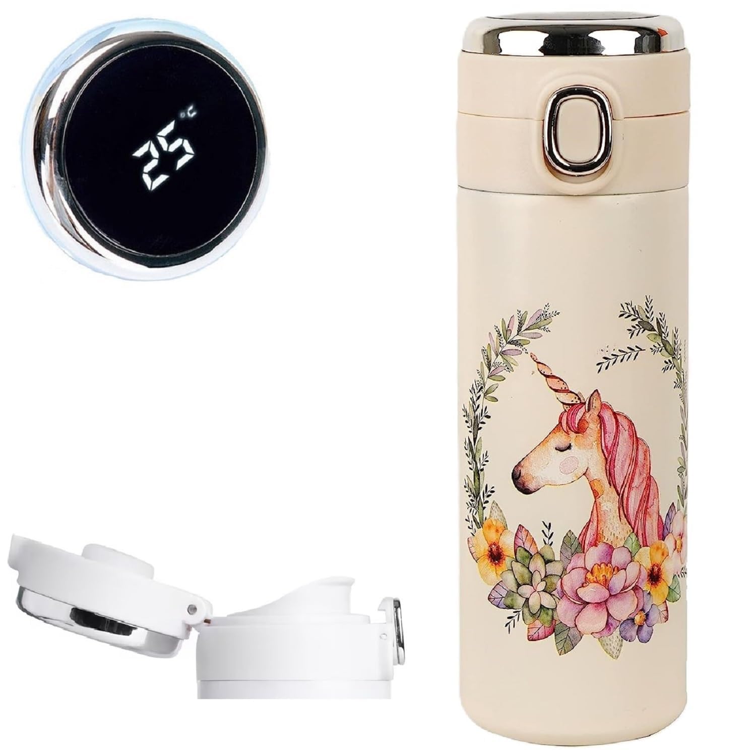IKTU® Unicorn Design Temperature Display Flask SUS304 Vacuum Insulated Stainless Steel Water Bottle (Beige, 420 ML)