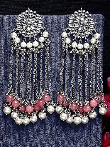 Image of Karatcart Kundan Tassel Earrings for Women (Pink and Green Beads)