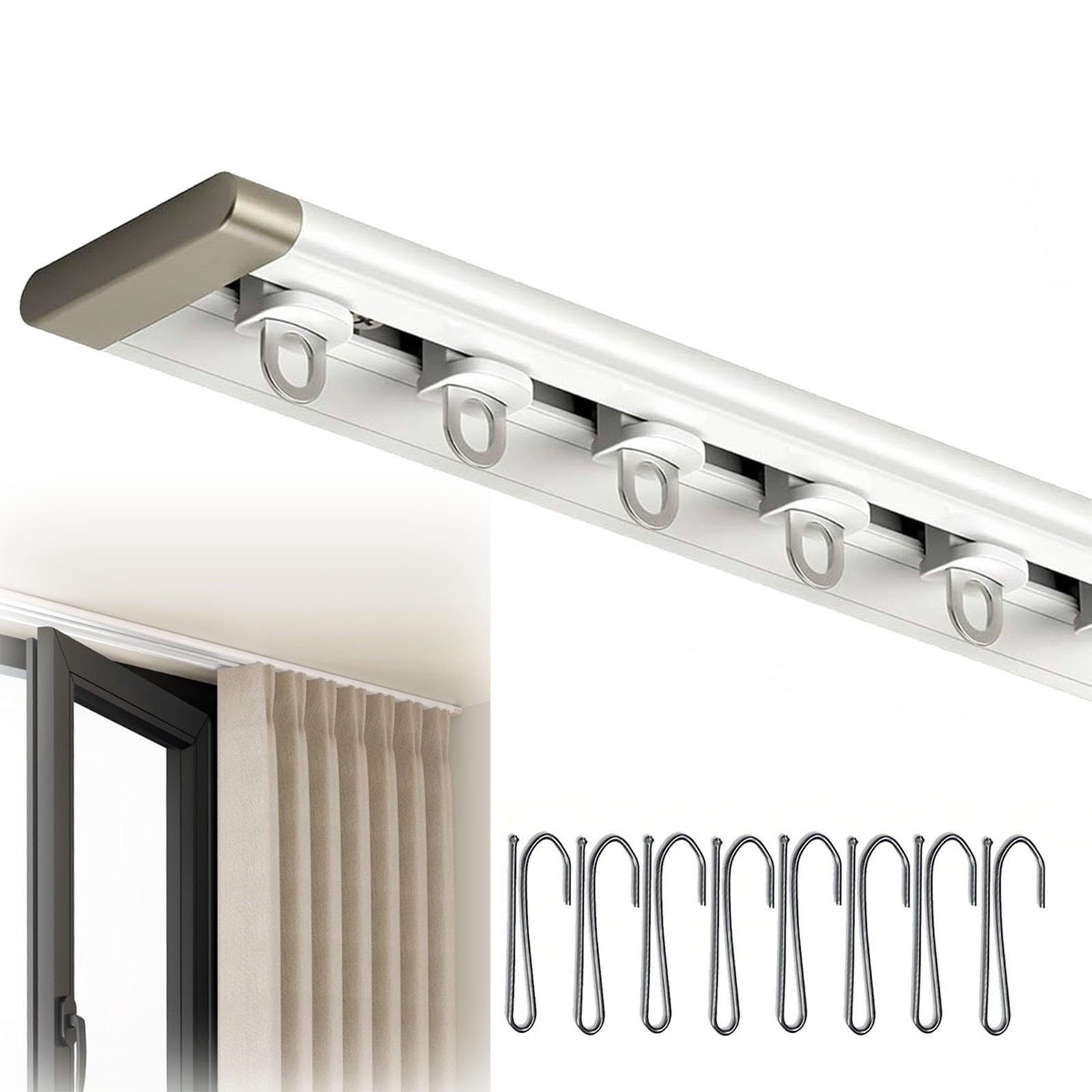 Système de rail de rideau ultra fin et silencieux en aluminium de 6 mm avec roulettes lisses Installation facile 5,9 m Blanc