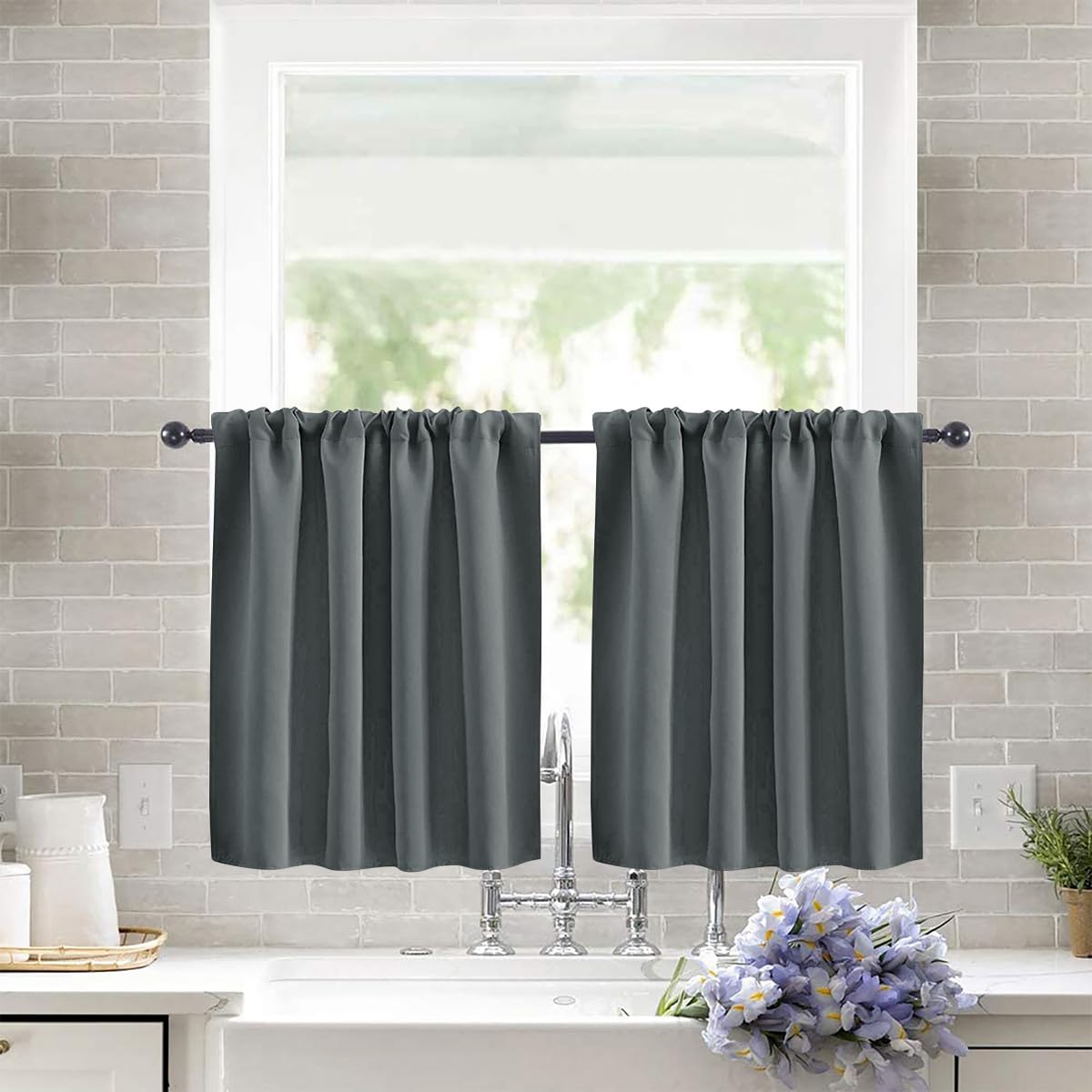 Treer Blackout Short Curtains for Bathroom 2 Panels, Solid Color Rod Pocket Small Cafe Tier Curtains, for Small Windows Kitchen (Dark Gray A,76x60cm)