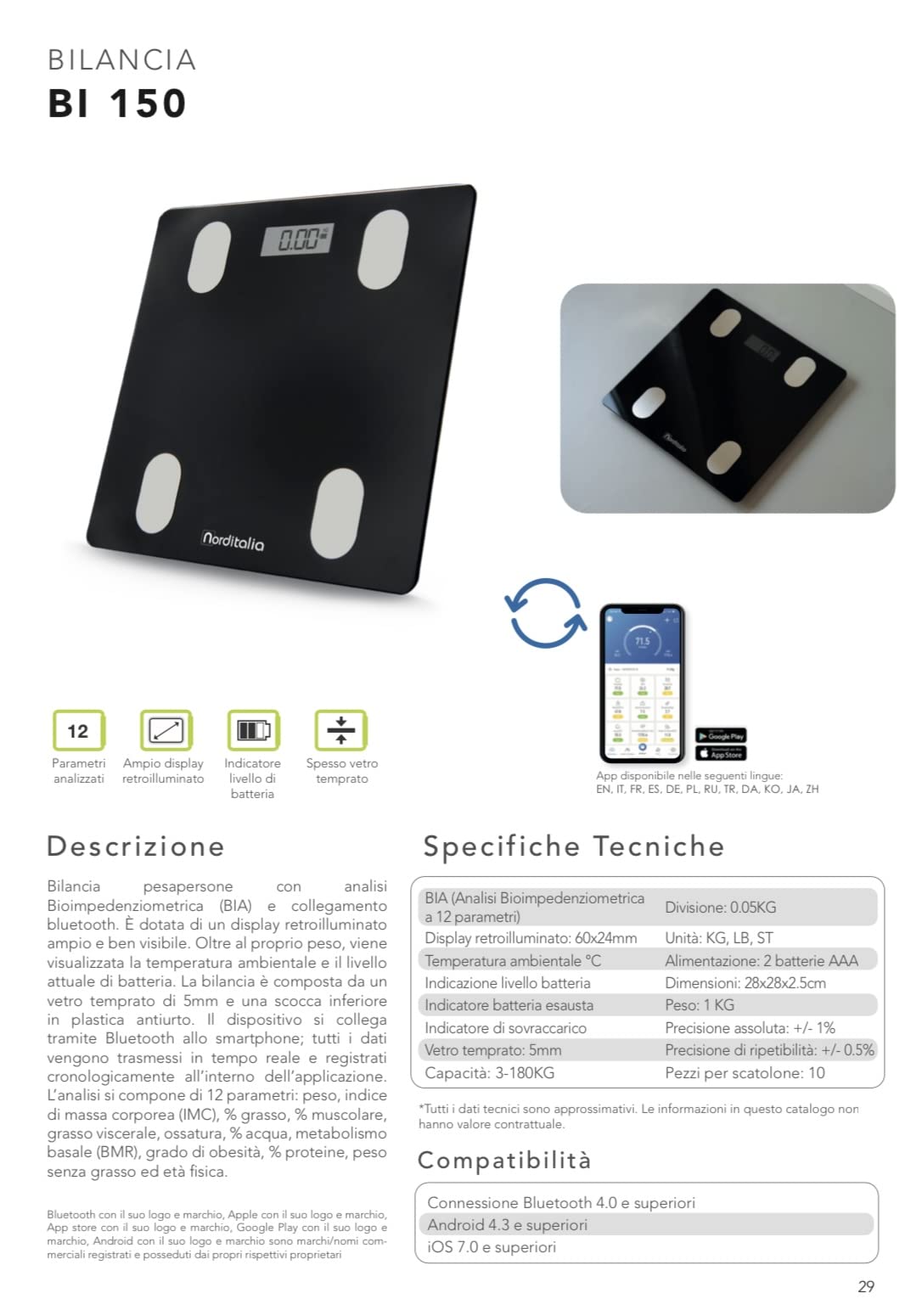 NORDITALIA, BI 150, Bilancia Smart con Bluetooth, Body Composition,12 parametri, batterie incluse, Bilancia Diagnostica vetro temprato