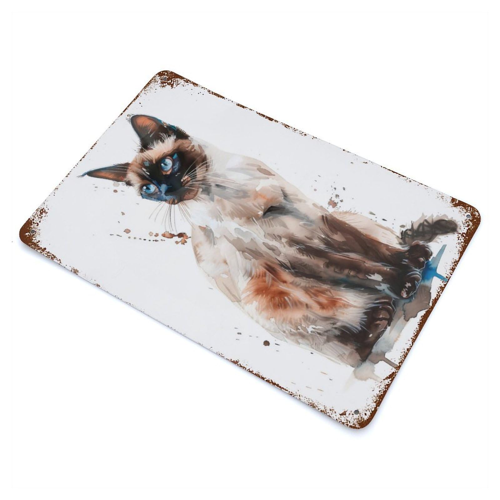 Vintage Metal Tin Sign with Balinese Cat Watercolor Design 11.8"x7.9", for Patio, Garden Room And Bar Decor, Novelty Wall Decor
