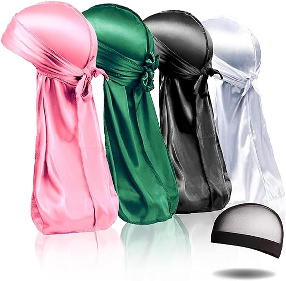 Selalu4PCS Silky Durags, Silk Durag for Men Women Waves, Silk Durag Pack with 1 Wave Cap, Silky Satin Durag Extra Long Tails