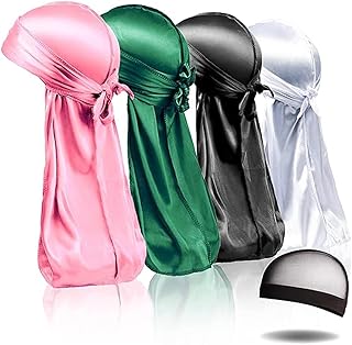 Maiitmorシルクデュラグ 4点 シルクデュラグ 男女兼用 ウェーブ シルクデュラッグパック ウェーブキャップ1個付き シルキーサテンデュラッグエクストラロングテール, Green, Pale Pink, Black, Ivory, One Size