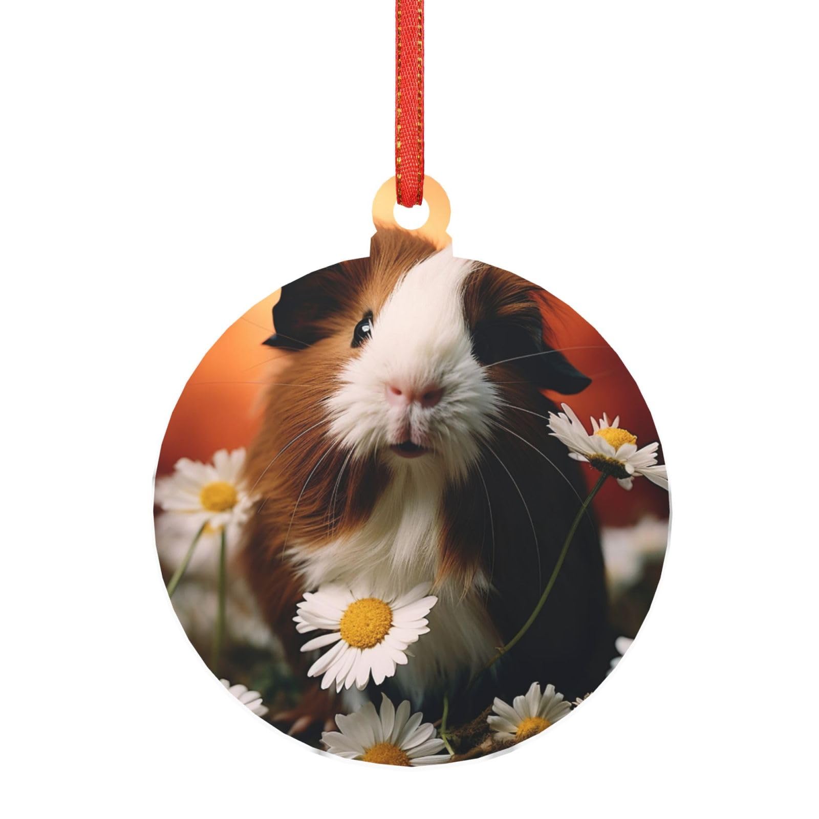 Acrylic Ornament Christmas Tree Decoration Clear Round Pendant with Red Ribbon Guinea Pig Eats Daisies Christmas Ornaments Indoor Outdoor Hanging Acrylic Pendants for Xmas Party Decor