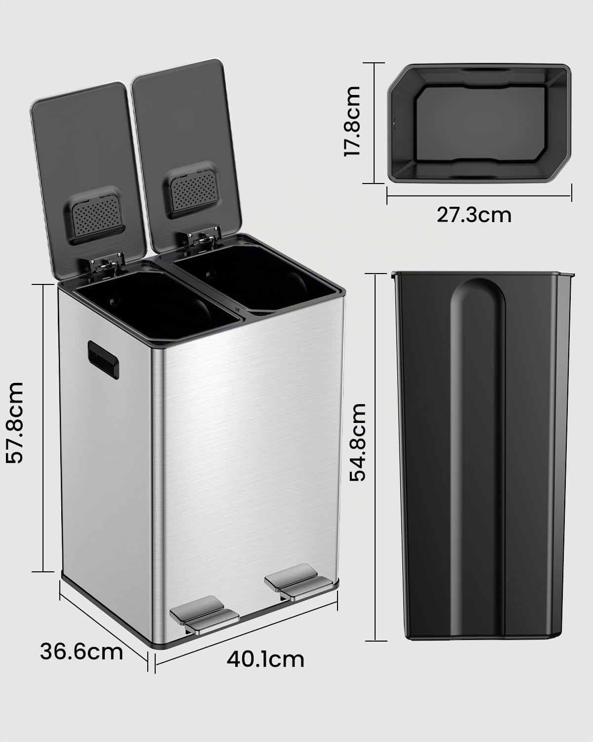 YEAUPE PRO Poubelle Cuisine 40L 2x20L, Système Tri Déchets Recyclage à Pédale 2 Bacs, Acier Inoxydable, Seaux Amovibles, Anti-Odeurs, Couvercle Soft Close, 15 Sacs Inclus, pour Cuisine Maison Bureau